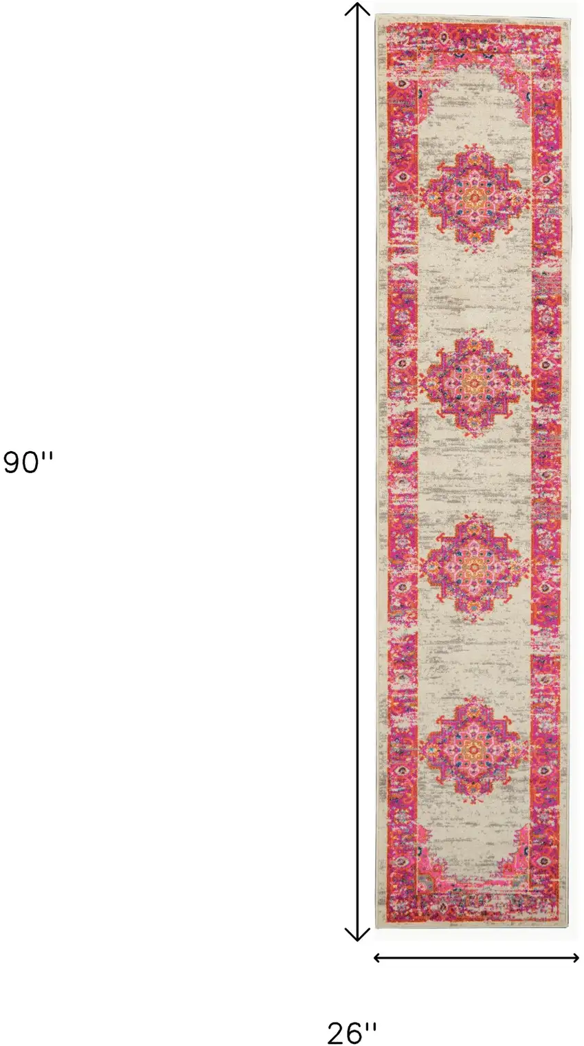 8' Ivory And Fuchsia Oriental Distressed Runner Rug Photo 3