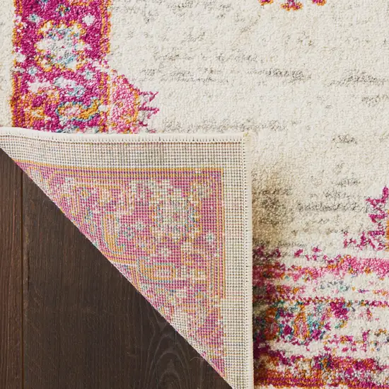 8' Ivory And Fuchsia Oriental Distressed Runner Rug Photo 9