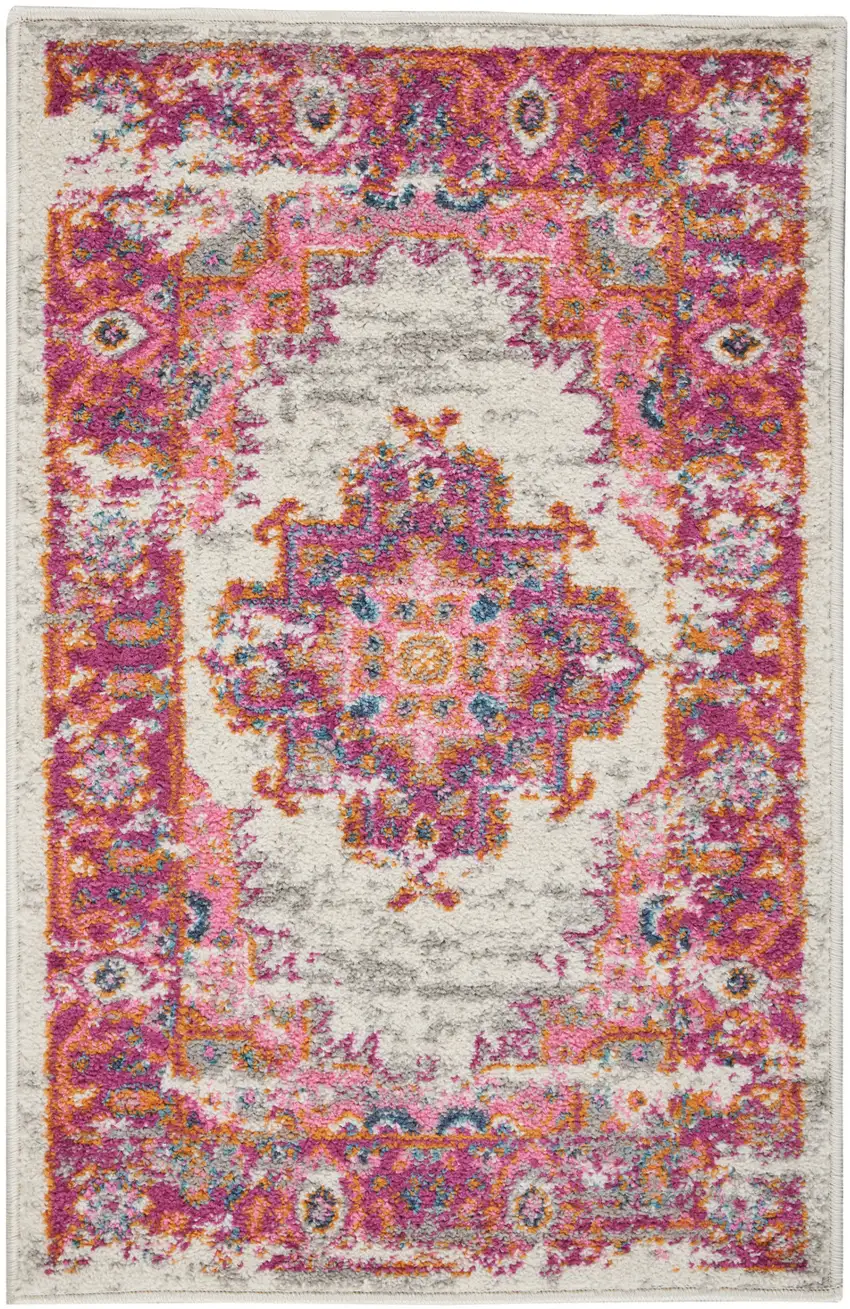 Ivory And Fuchsia Oriental Distressed Area Rug Photo 6