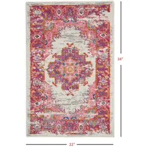 Photo of Ivory and Fuchsia Distressed Scatter Rug