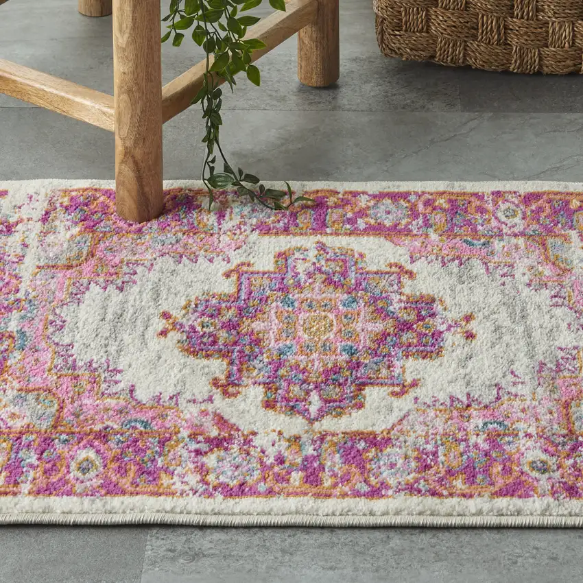 Ivory And Fuchsia Oriental Distressed Area Rug Photo 5