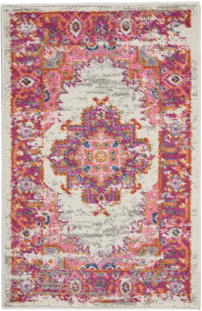 Ivory And Fuchsia Oriental Distressed Area Rug Photo 1