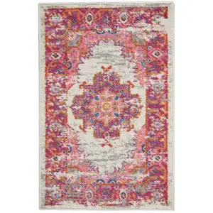 Photo of Ivory and Fuchsia Distressed Scatter Rug