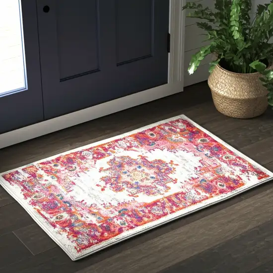Ivory And Fuchsia Oriental Distressed Area Rug Photo 2