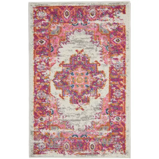 Ivory And Fuchsia Oriental Distressed Area Rug Photo 8