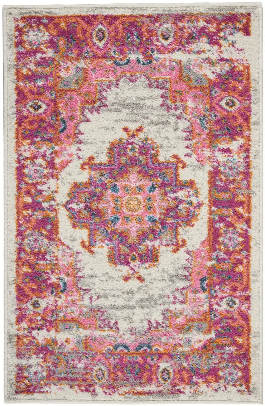 Ivory And Fuchsia Oriental Distressed Area Rug Photo 8