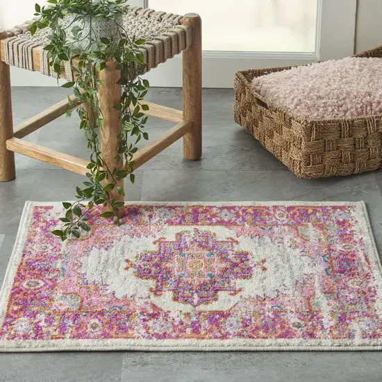 Ivory And Fuchsia Oriental Distressed Area Rug Photo 4