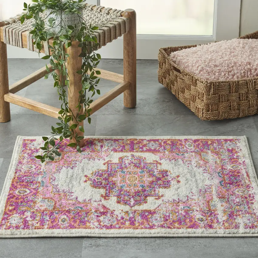 Ivory And Fuchsia Oriental Distressed Area Rug Photo 4