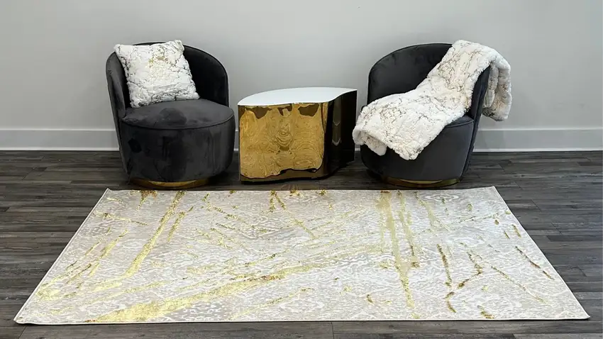 Ivory and Gold Abstract Area Rug Photo 9