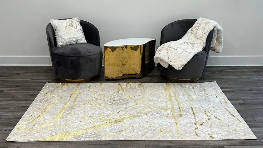 Ivory and Gold Abstract Area Rug Photo 9