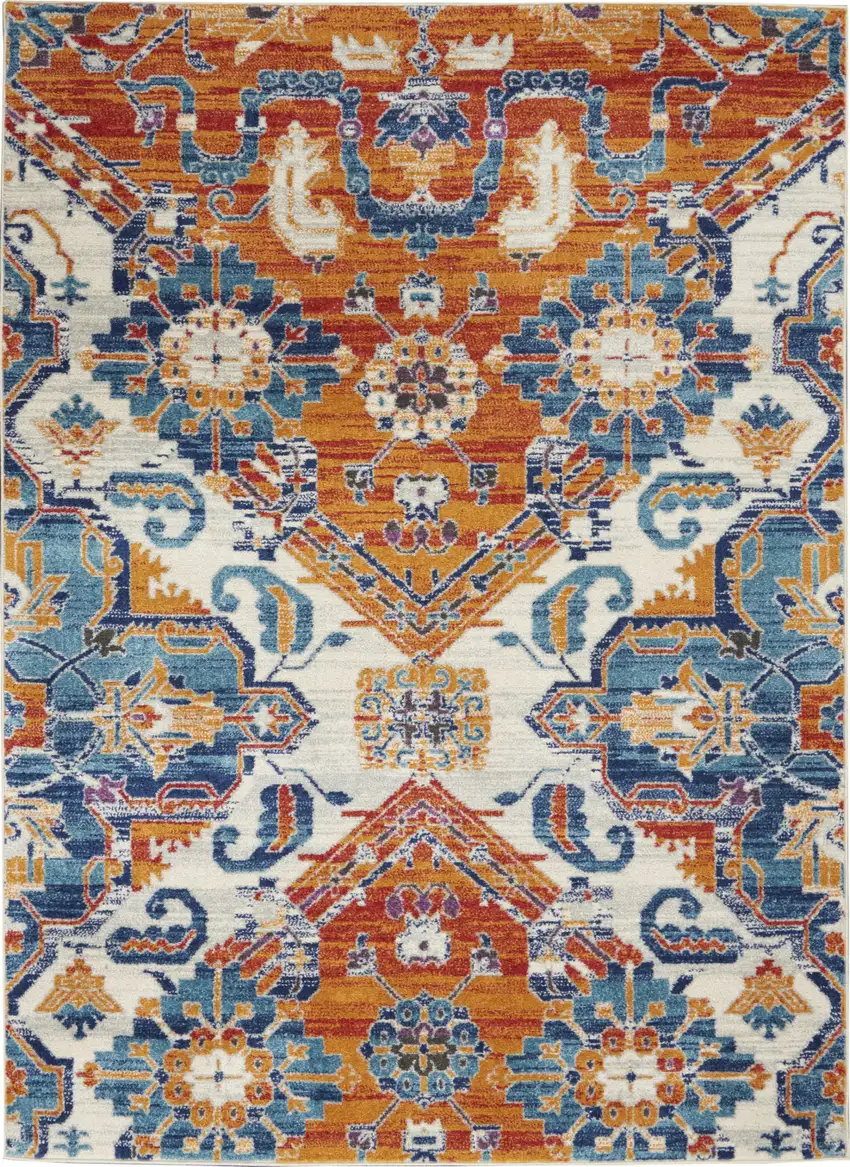 Orange And Ivory Floral Power Loom Area Rug Photo 1