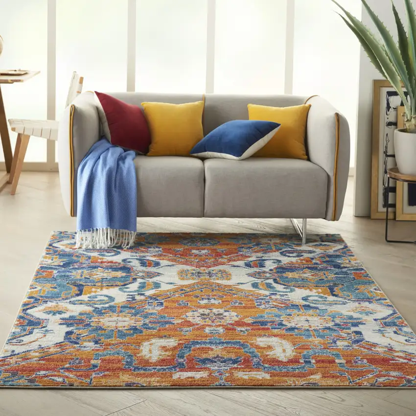 Blue And Orange Floral Area Rug Photo 9