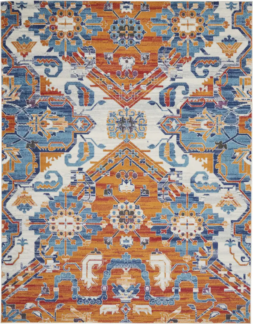 Orange And Ivory Floral Power Loom Area Rug Photo 2
