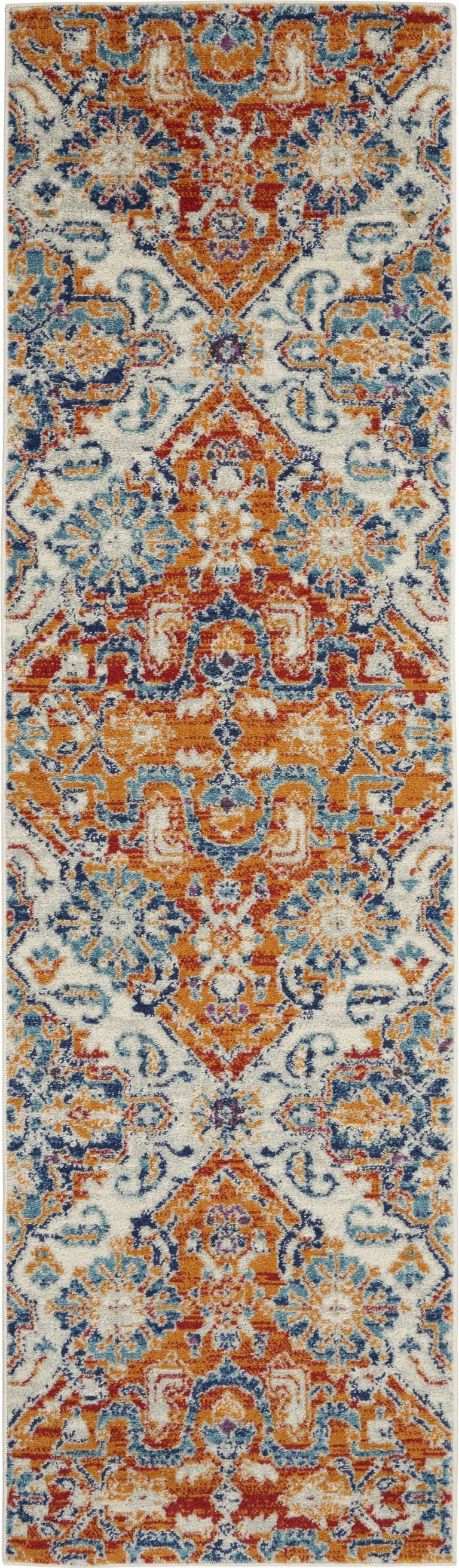 Ivory and Gold Floral Motif Runner Rug Photo 1