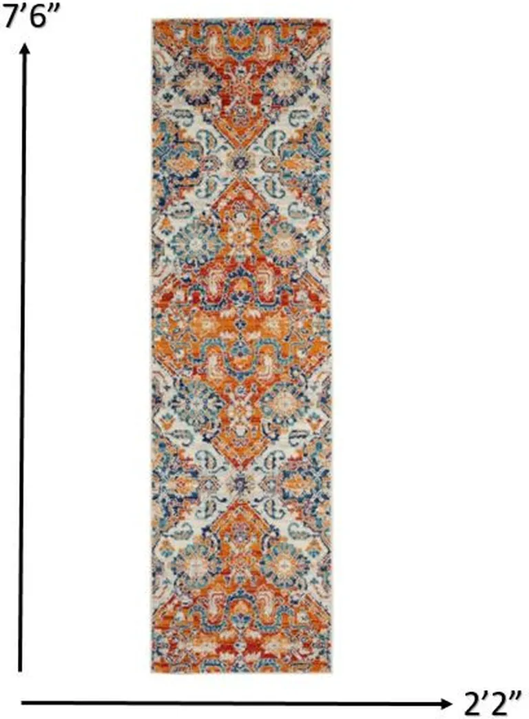 Ivory and Gold Floral Motif Runner Rug Photo 3