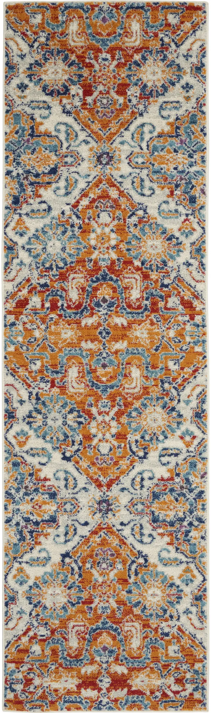 8' Orange And Ivory Floral Power Loom Runner Rug Photo 8