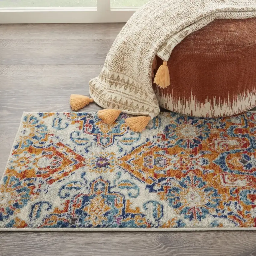 Ivory and Gold Floral Motif Scatter Rug Photo 6