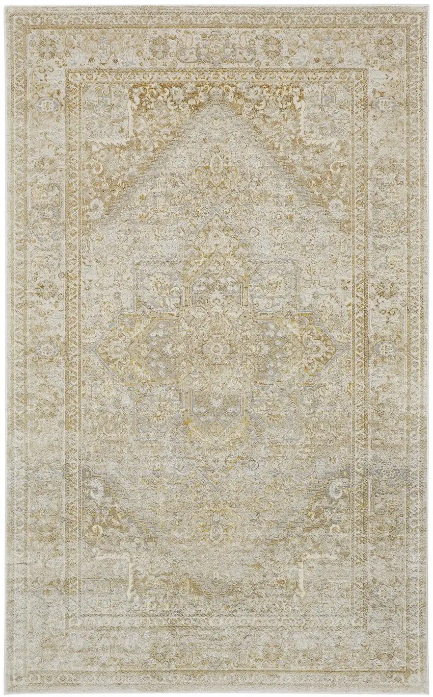 Ivory and Gold Oriental Power Loom Area Rug Photo 2