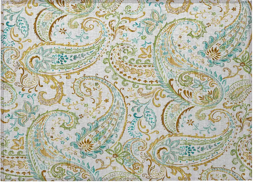 Ivory and Gold Paisley Washable Non Skid Indoor Outdoor Area Rug Photo 5