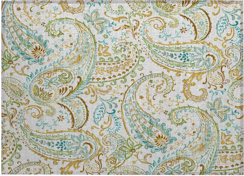 Ivory and Gold Paisley Washable Non Skid Indoor Outdoor Area Rug Photo 2