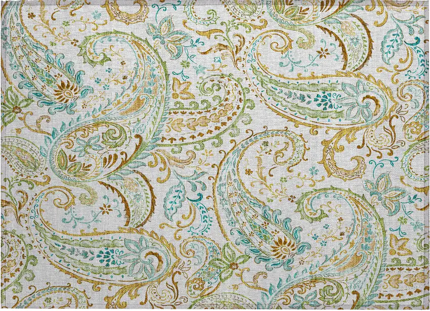 Ivory and Gold Paisley Washable Non Skid Indoor Outdoor Area Rug Photo 2