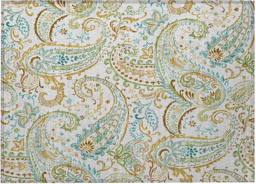 Ivory and Gold Paisley Washable Non Skid Indoor Outdoor Area Rug Photo 4