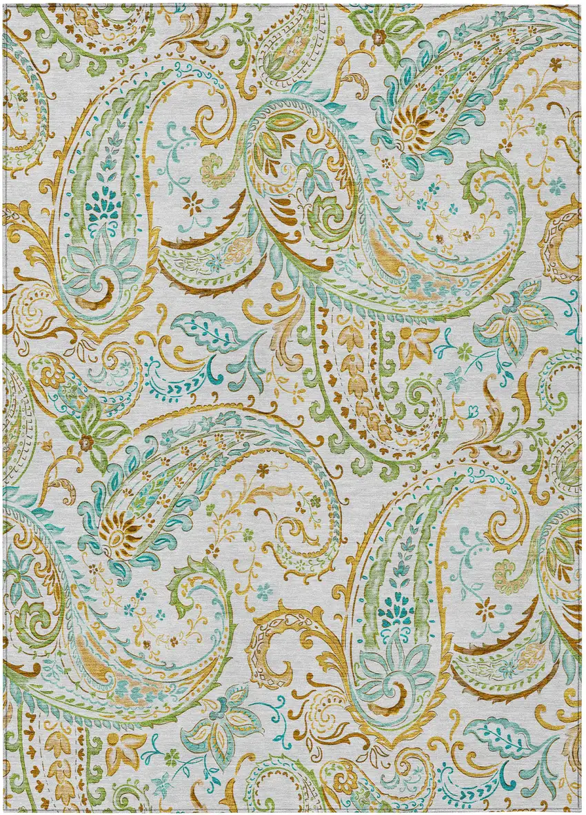 Ivory and Gold Paisley Washable Non Skid Indoor Outdoor Area Rug Photo 2
