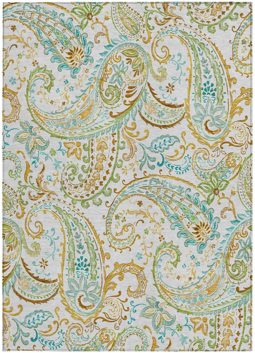 Ivory and Gold Paisley Washable Non Skid Indoor Outdoor Area Rug Photo 5