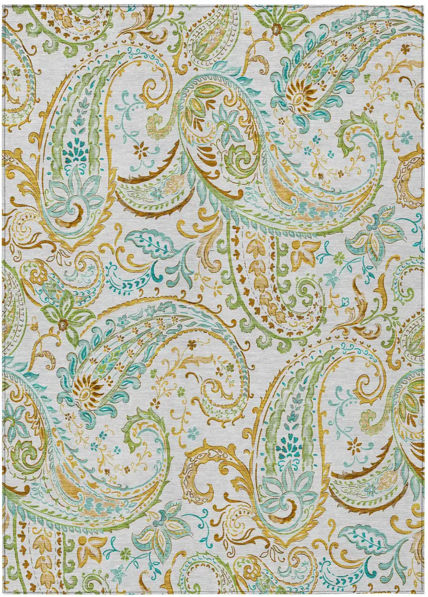 Ivory and Gold Paisley Washable Non Skid Indoor Outdoor Area Rug Photo 2