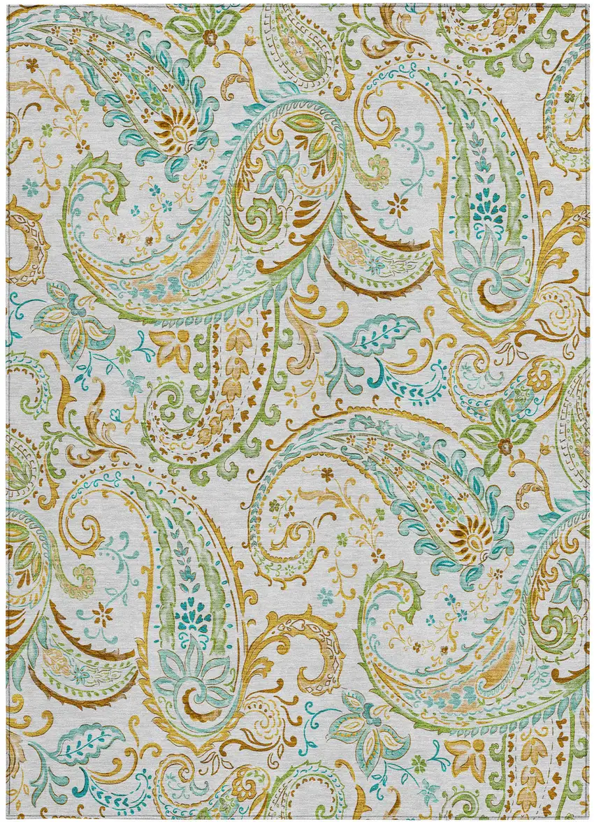 Ivory and Gold Paisley Washable Non Skid Indoor Outdoor Area Rug Photo 5