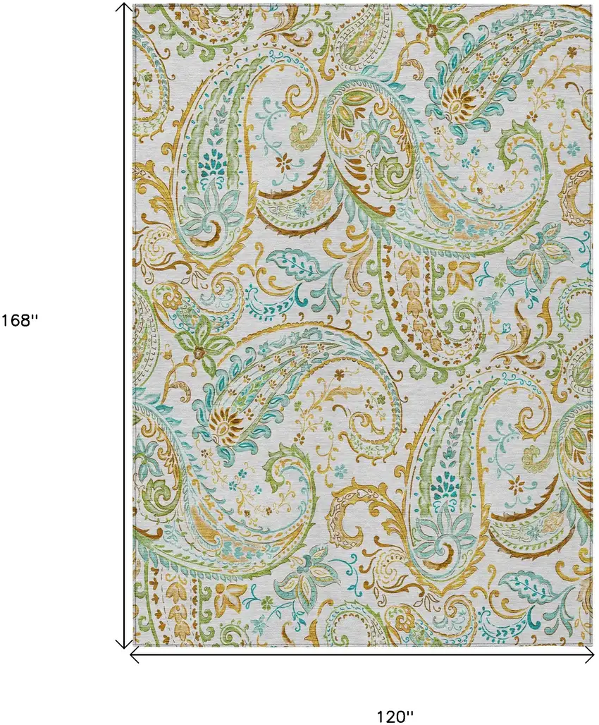 Ivory and Gold Paisley Washable Non Skid Indoor Outdoor Area Rug Photo 3