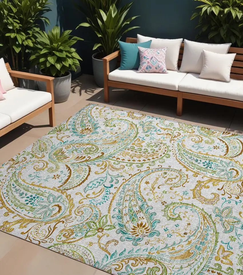 Ivory and Gold Paisley Washable Non Skid Indoor Outdoor Area Rug Photo 1