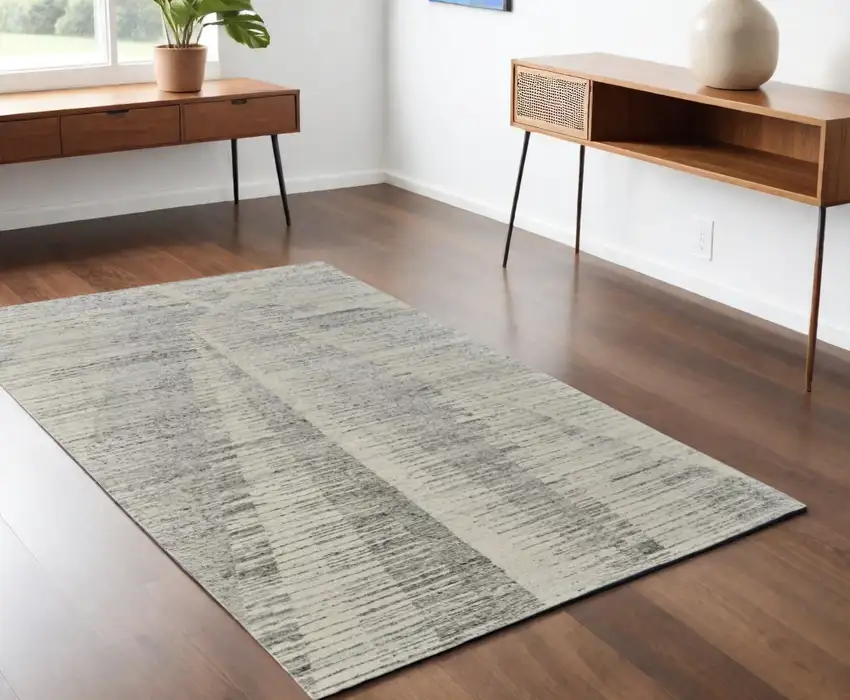 Ivory and Gray Abstract Hand Knotted Worn Faded Area Rug Photo 1