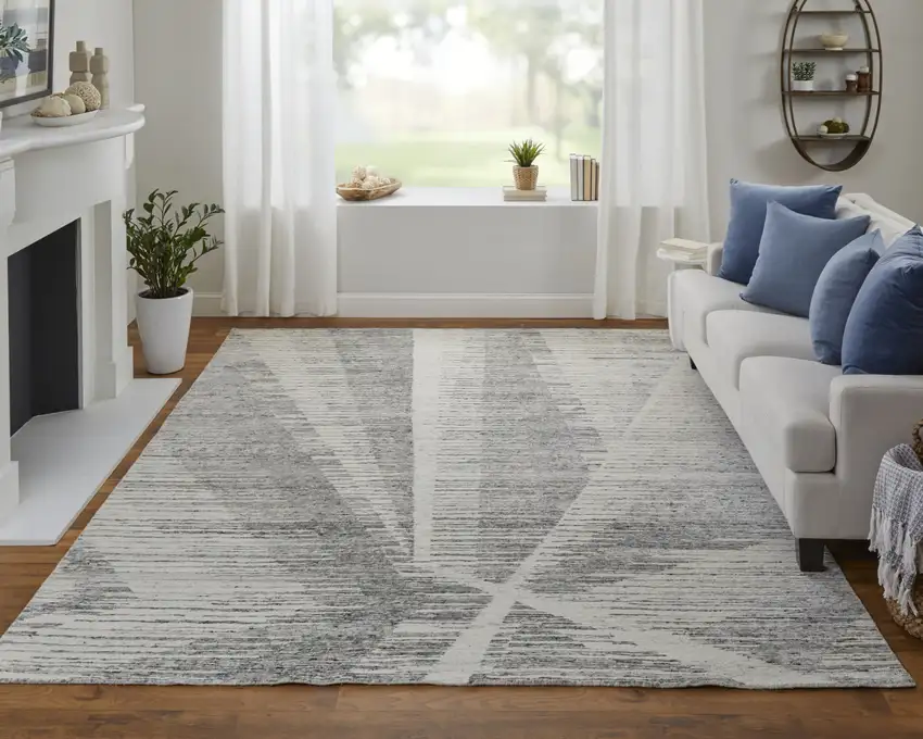 Ivory and Gray Abstract Hand Knotted Worn Faded Area Rug Photo 7