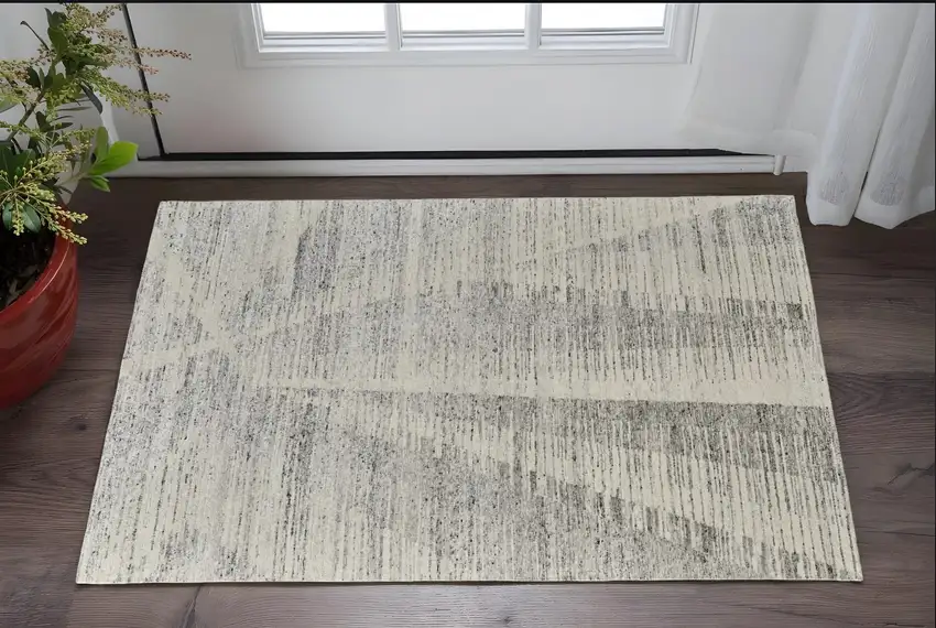 Ivory and Gray Abstract Hand Knotted Worn Faded Area Rug Photo 1