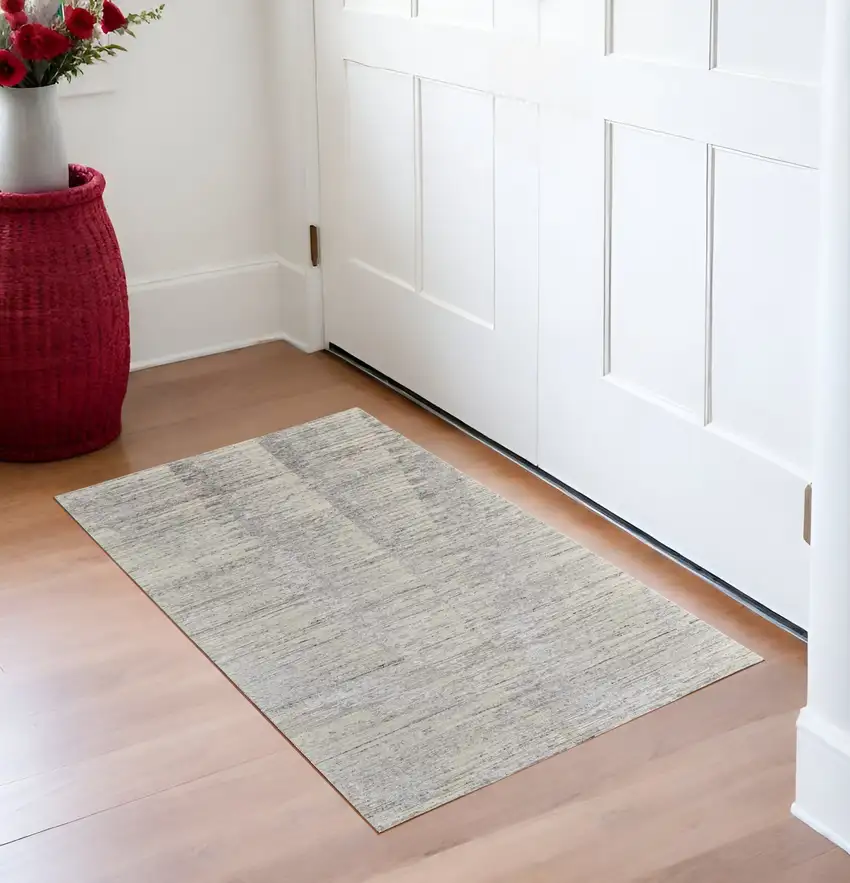 Ivory and Gray Abstract Hand Knotted Worn Faded Area Rug Photo 2