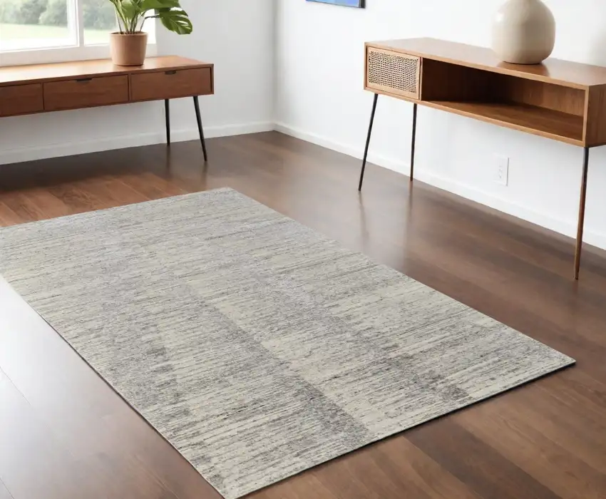 Ivory and Gray Abstract Hand Knotted Worn Faded Area Rug Photo 2