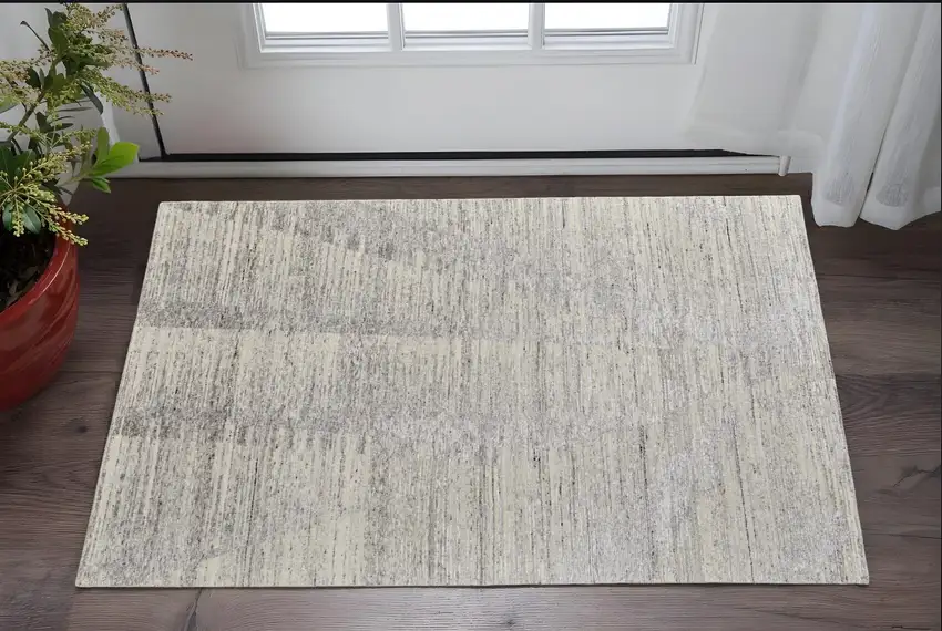 Ivory and Gray Abstract Hand Knotted Worn Faded Area Rug Photo 1