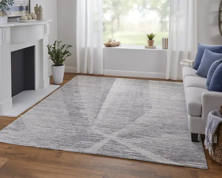 Ivory and Gray Abstract Hand Knotted Worn Faded Area Rug Photo 7