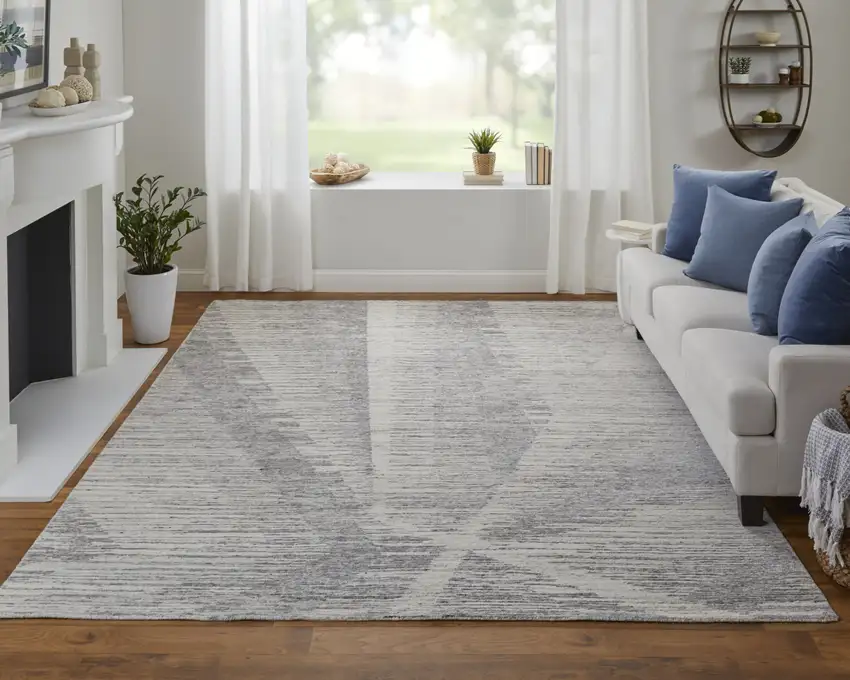 Ivory and Gray Abstract Hand Knotted Worn Faded Area Rug Photo 5