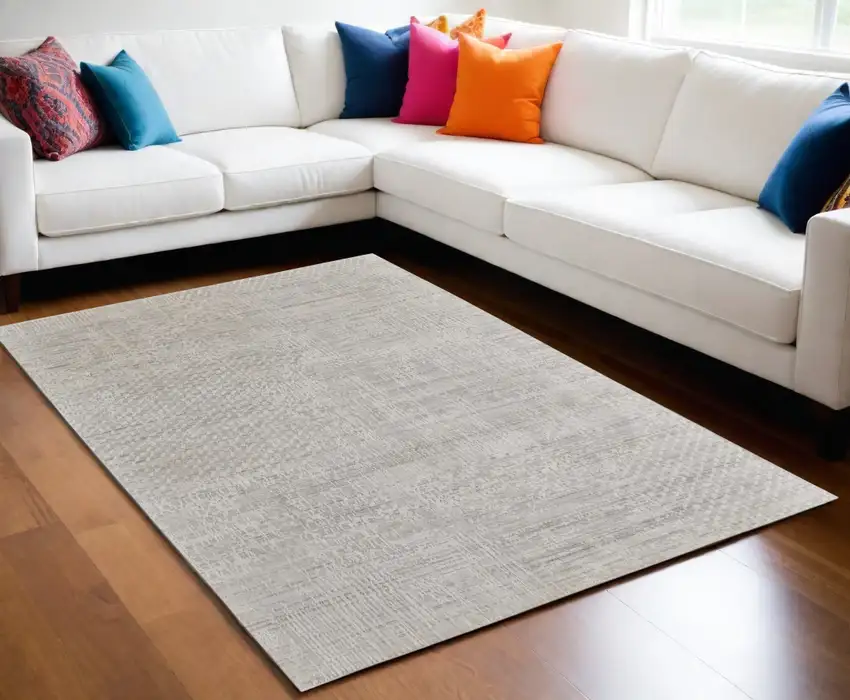 Ivory and Gray Abstract Hand Woven Worn Faded Area Rug Photo 1