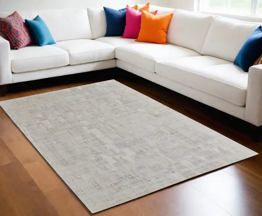 Ivory and Gray Abstract Hand Woven Worn Faded Area Rug Photo 1