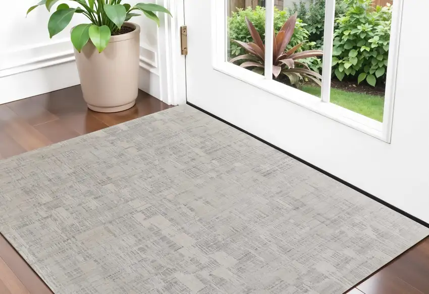 Ivory and Gray Abstract Hand Woven Worn Faded Area Rug Photo 1