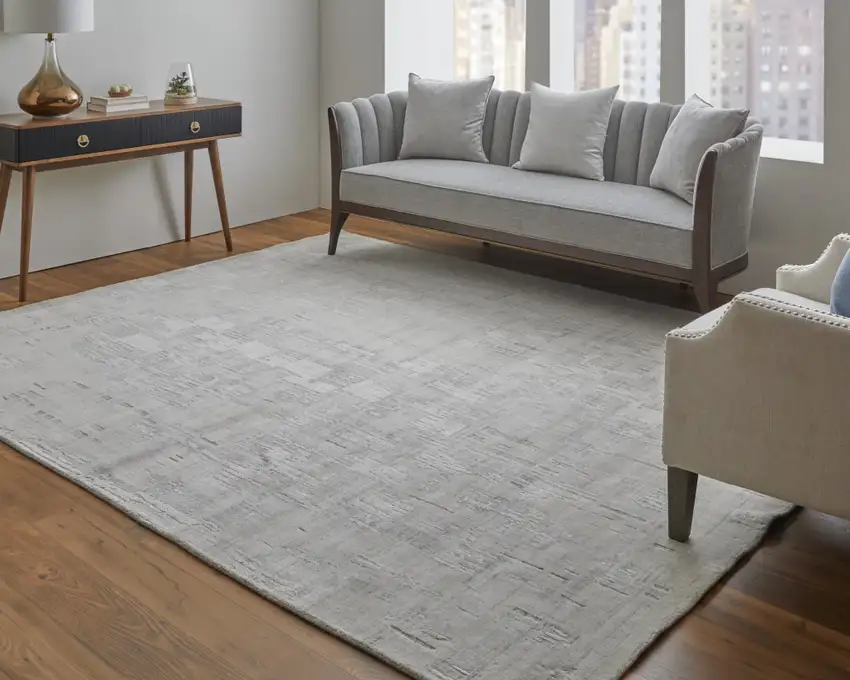 Ivory and Gray Abstract Hand Woven Worn Faded Area Rug Photo 8