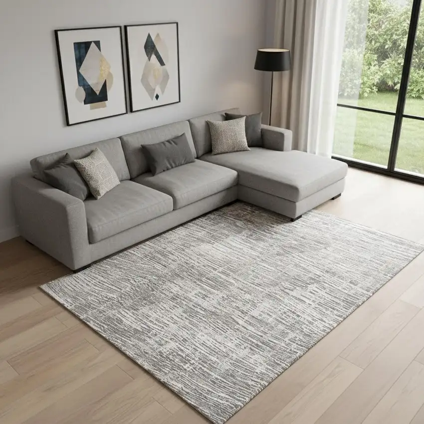 Ivory and Gray Abstract Non Skid Area Rug Photo 1