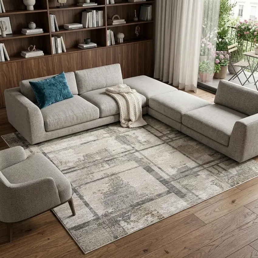 Ivory and Gray Abstract Non Skid Area Rug Photo 1