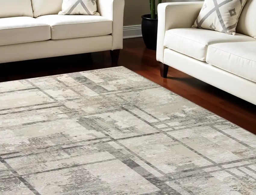 Ivory and Gray Abstract Non Skid Area Rug Photo 1