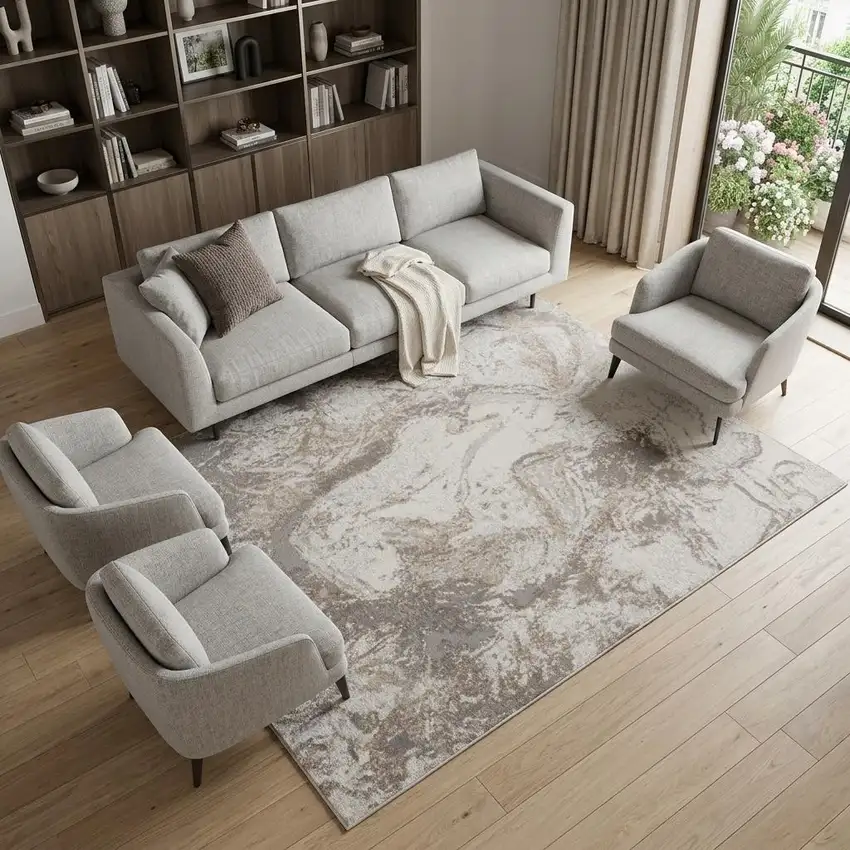Ivory and Gray Abstract Non Skid Area Rug Photo 1