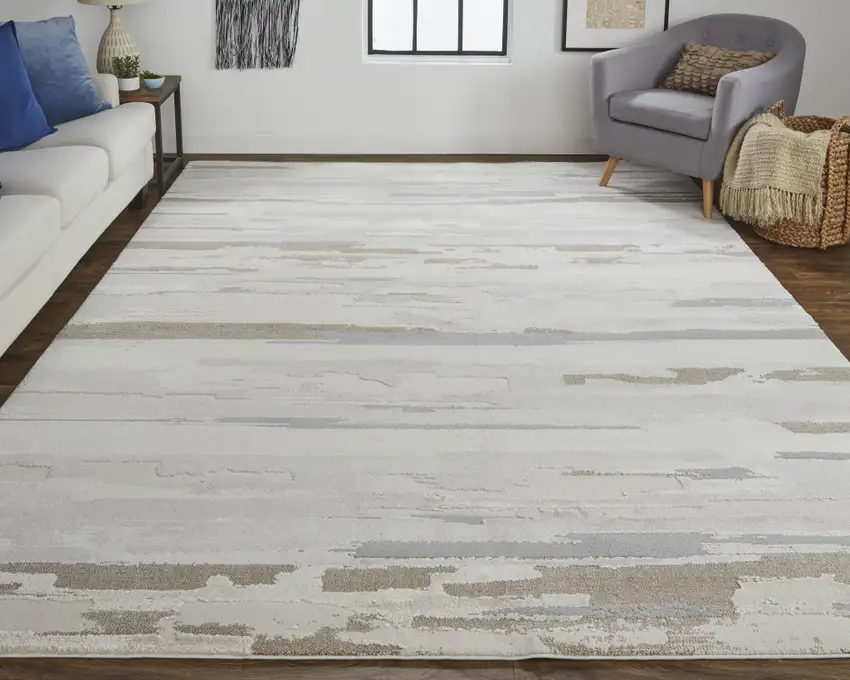 Ivory and Gray Abstract Power Loom Distressed Area Rug Photo 9