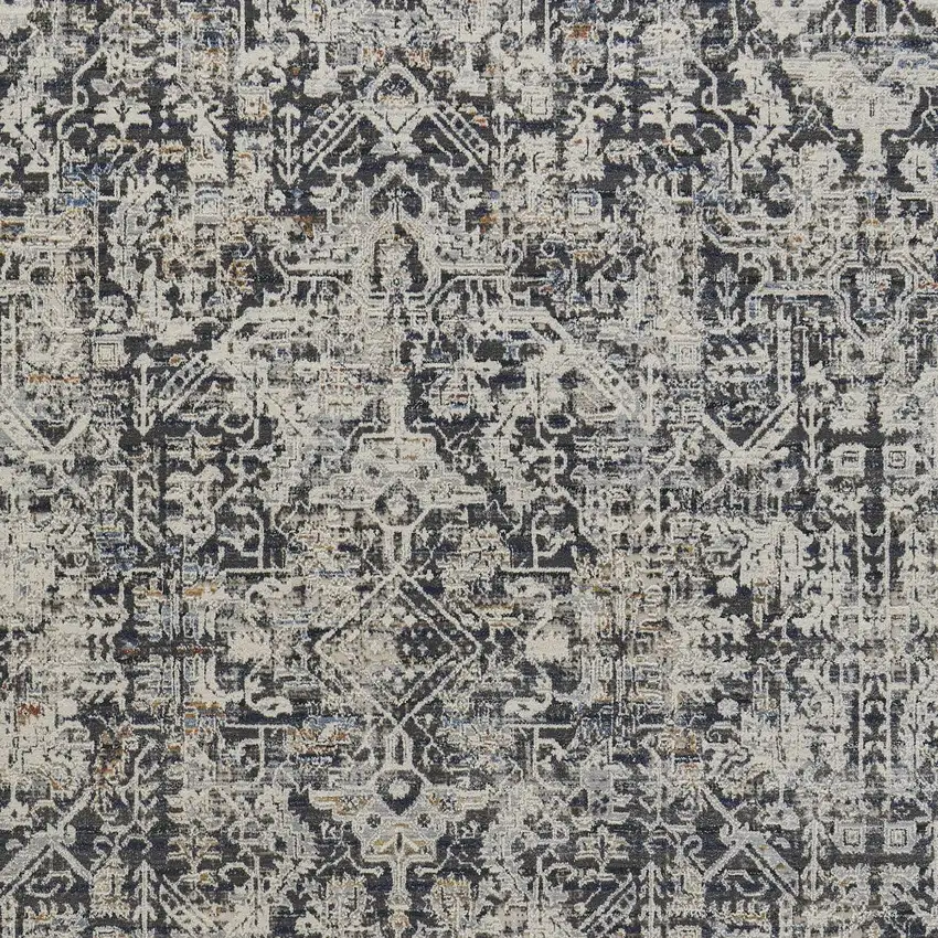 Ivory and Gray Abstract Power Loom Worn Faded Area Rug With Fringe Photo 6